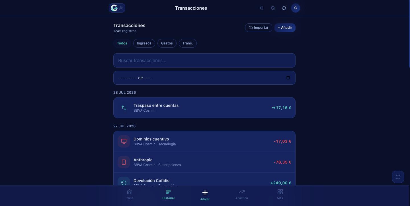 Pantalla de Transacciones en Cuentivo